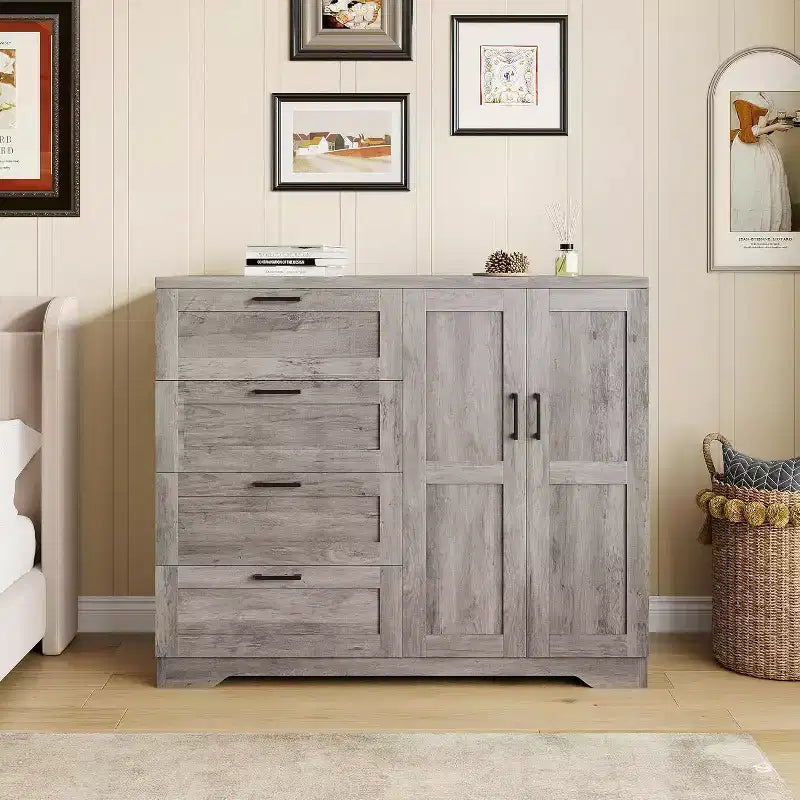 Commode basse de 110 cm avec 2 portes et 4 tiroirs - Armoire multifonctionnelle en bois avec tringle pour chambre à coucher