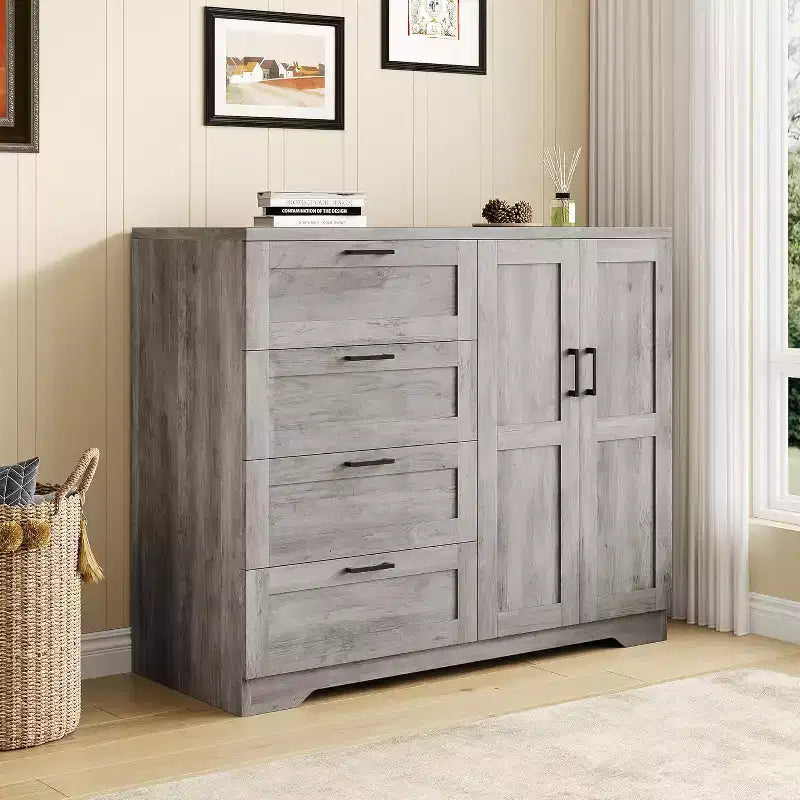 Commode basse de 110 cm avec 2 portes et 4 tiroirs - Armoire multifonctionnelle en bois avec tringle pour chambre à coucher