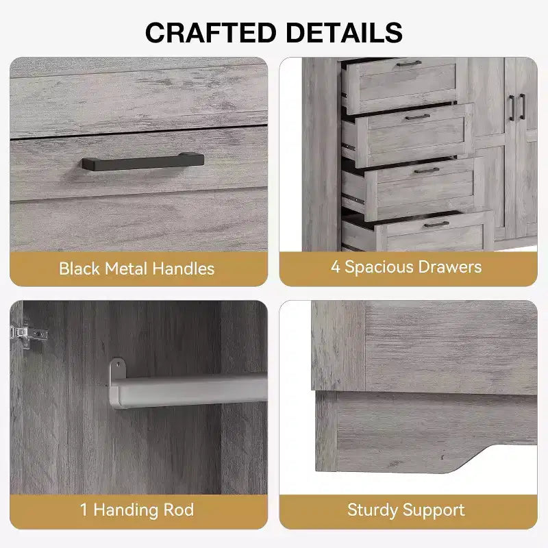 Commode basse de 110 cm avec 2 portes et 4 tiroirs - Armoire multifonctionnelle en bois avec tringle pour chambre à coucher