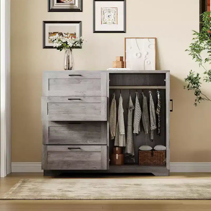 Commode basse de 110 cm avec 2 portes et 4 tiroirs - Armoire multifonctionnelle en bois avec tringle pour chambre à coucher