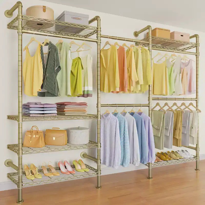 Timate F3 Garment Rack Heavy Duty Clothes Rack Expandable Industrial Pipe Wall Mounted Clothing Racks Wardrobe Closet Kit , Gold