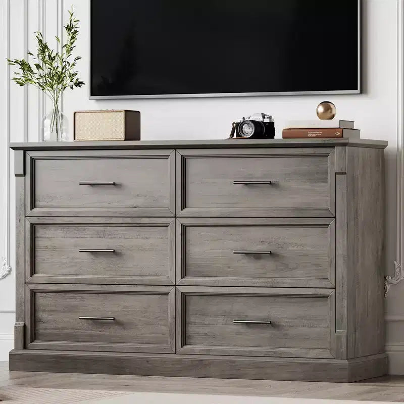 Commode de chambre à 6 tiroirs style ferme, commode en bois avec poignées en métal, grande commode double meuble TV, organisateur de rangement