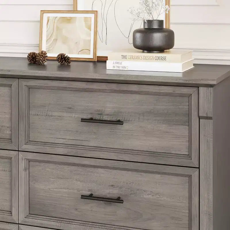 Commode de chambre à 6 tiroirs style ferme, commode en bois avec poignées en métal, grande commode double meuble TV, organisateur de rangement