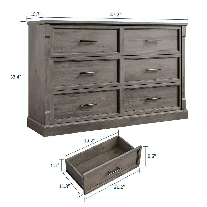 Commode de chambre à 6 tiroirs style ferme, commode en bois avec poignées en métal, grande commode double meuble TV, organisateur de rangement