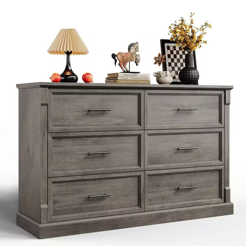 Commode de chambre à 6 tiroirs style ferme, commode en bois avec poignées en métal, grande commode double meuble TV, organisateur de rangement