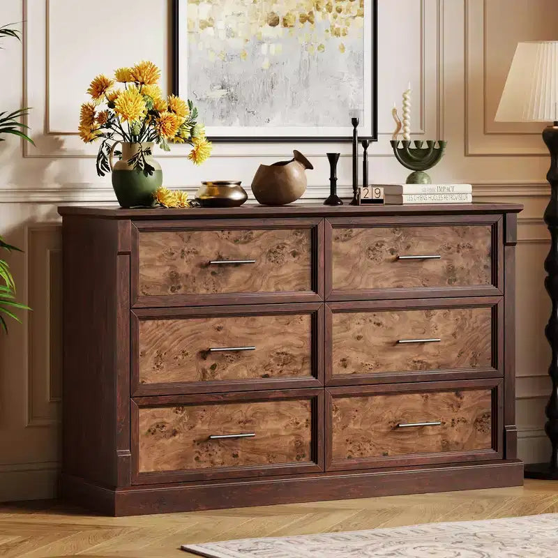 Commode de chambre à 6 tiroirs style ferme, commode en bois avec poignées en métal, grande commode double meuble TV, organisateur de rangement