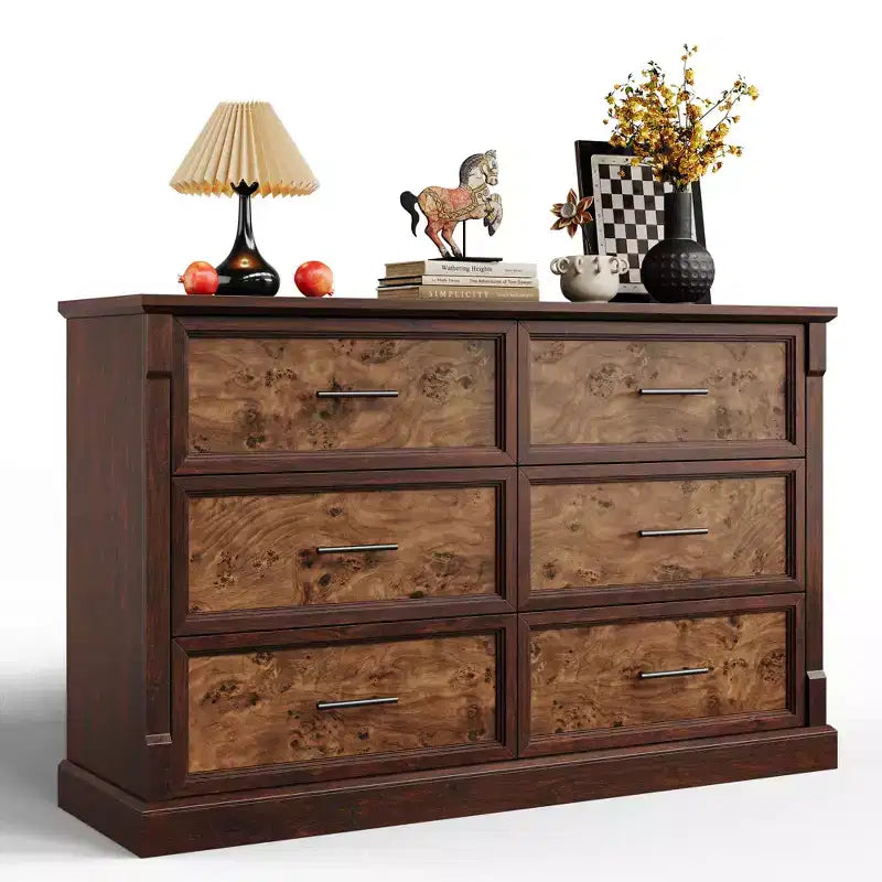 Commode de chambre à 6 tiroirs style ferme, commode en bois avec poignées en métal, grande commode double meuble TV, organisateur de rangement