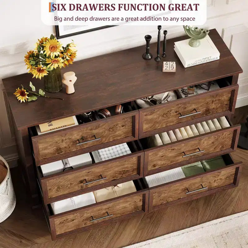 Commode de chambre à 6 tiroirs style ferme, commode en bois avec poignées en métal, grande commode double meuble TV, organisateur de rangement