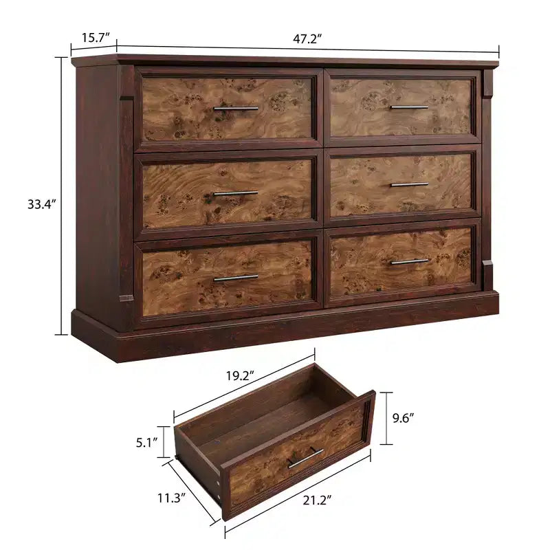 Commode de chambre à 6 tiroirs style ferme, commode en bois avec poignées en métal, grande commode double meuble TV, organisateur de rangement