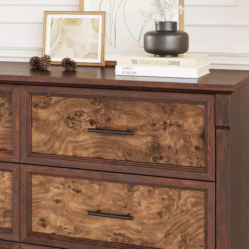 Commode de chambre à 6 tiroirs style ferme, commode en bois avec poignées en métal, grande commode double meuble TV, organisateur de rangement