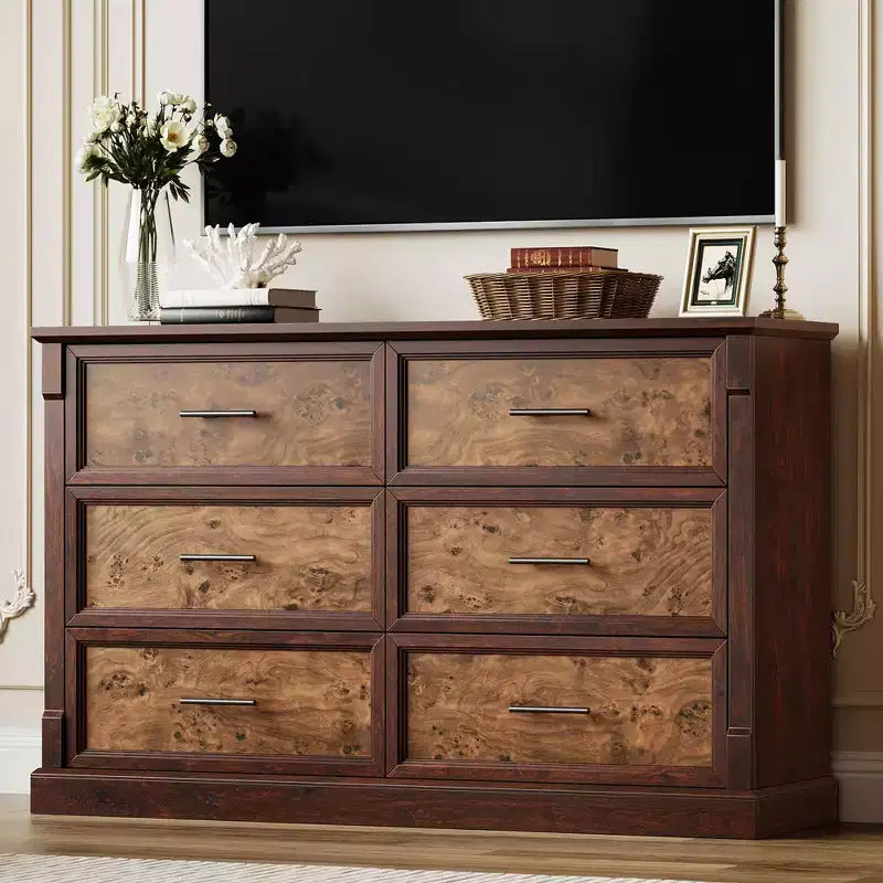 Farmhouse 6 Drawer Dresser for Bedroom, Wood Chest of Drawers with Metal Handles, Large Double Dresser TV Stand, Storage Dressers Organizer