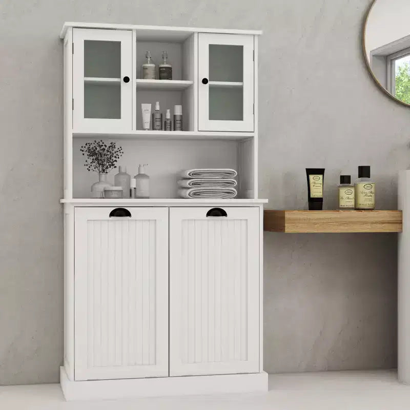 Meuble de salle de bain haut blanc avec panier à linge sale inclinable à deux compartiments et 2 étagères réglables
