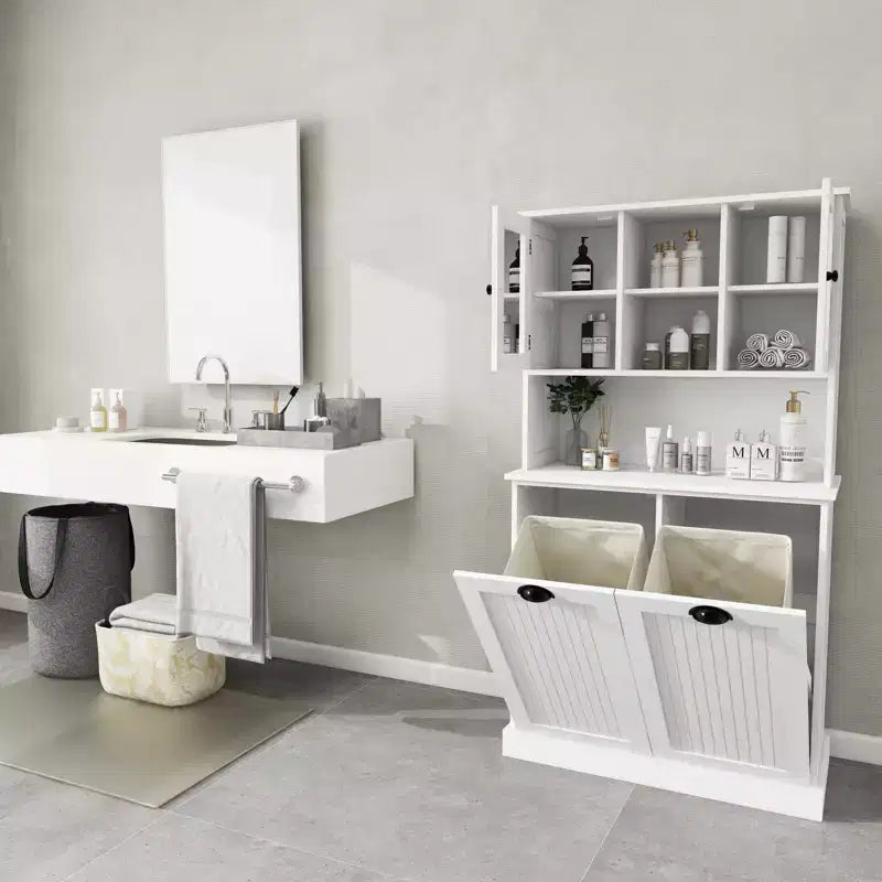 Meuble de salle de bain haut blanc avec panier à linge sale inclinable à deux compartiments et 2 étagères réglables