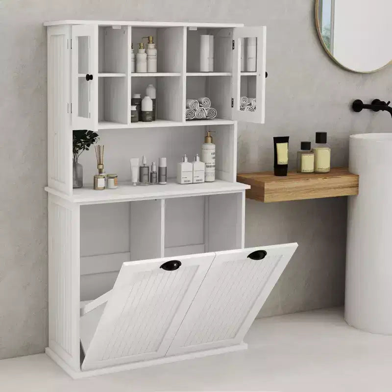 Meuble de salle de bain haut blanc avec panier à linge sale inclinable à deux compartiments et 2 étagères réglables