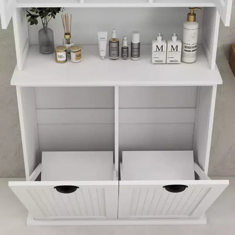 Meuble de salle de bain haut blanc avec panier à linge sale inclinable à deux compartiments et 2 étagères réglables