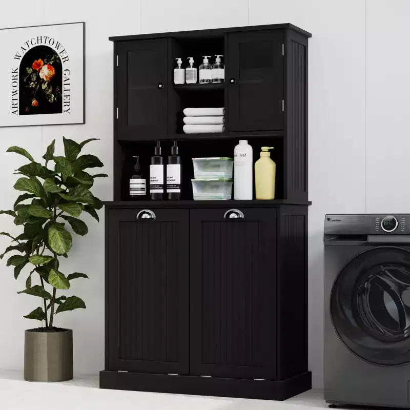 Meuble de salle de bain haut blanc avec panier à linge sale inclinable à deux compartiments et 2 étagères réglables
