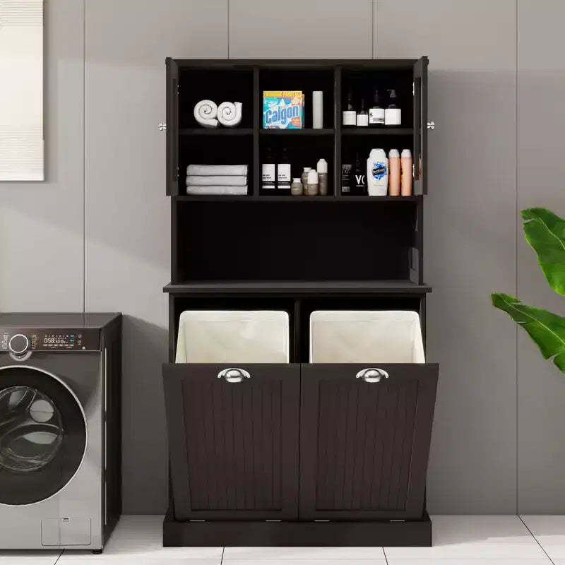 Meuble de salle de bain haut blanc avec panier à linge sale inclinable à deux compartiments et 2 étagères réglables