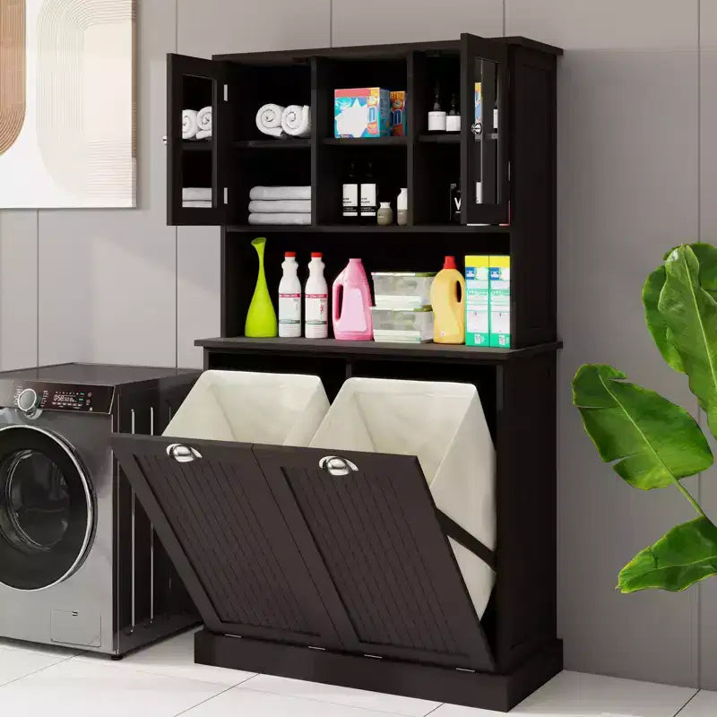 Meuble de salle de bain haut blanc avec panier à linge sale inclinable à deux compartiments et 2 étagères réglables