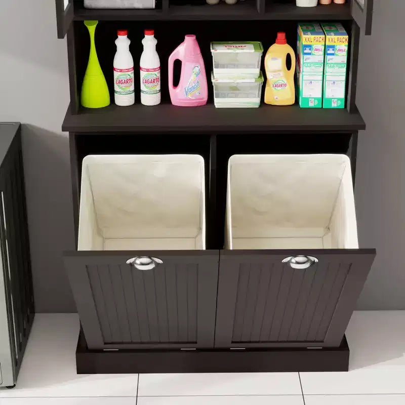 Meuble de salle de bain haut blanc avec panier à linge sale inclinable à deux compartiments et 2 étagères réglables
