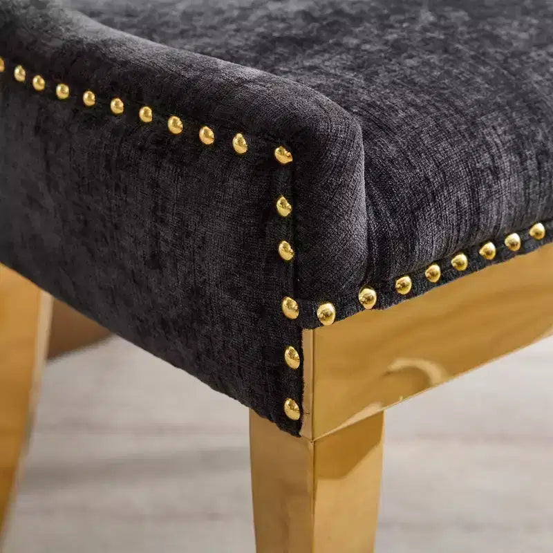 Okak Chaises de salle à manger modernes en chenille, lot de 2, chaises confortables en tissu avec rembourrage épais, chaises d'appoint avec pieds plaqués or et garniture de rivets