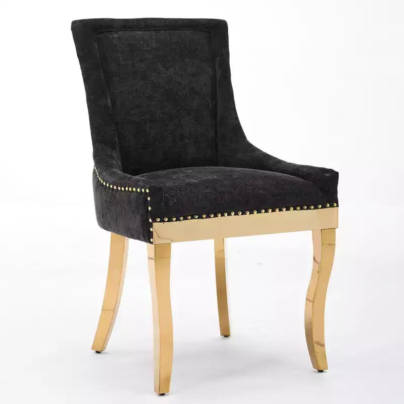 Okak Chaises de salle à manger modernes en chenille, lot de 2, chaises confortables en tissu avec rembourrage épais, chaises d'appoint avec pieds plaqués or et garniture de rivets