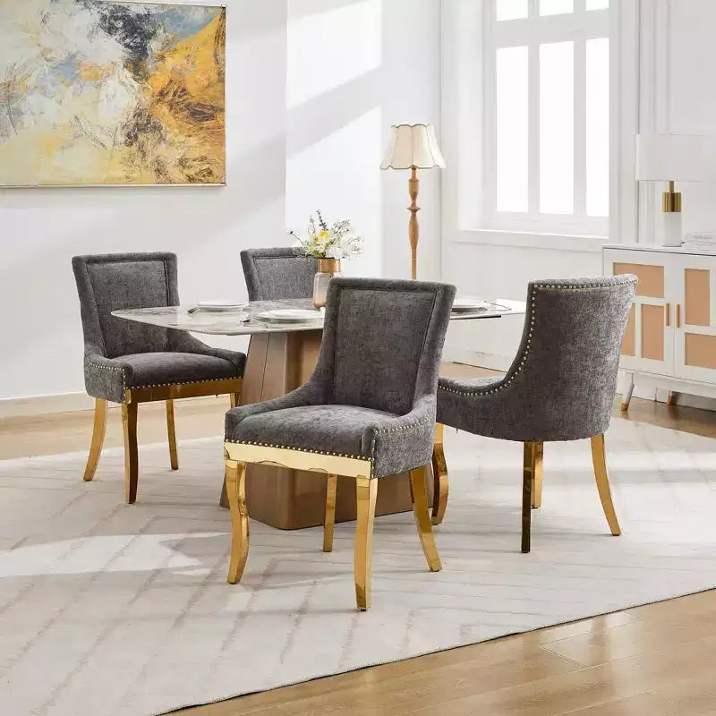 Okak Chaises de salle à manger modernes en chenille, lot de 2, chaises confortables en tissu avec rembourrage épais, chaises d'appoint avec pieds plaqués or et garniture de rivets