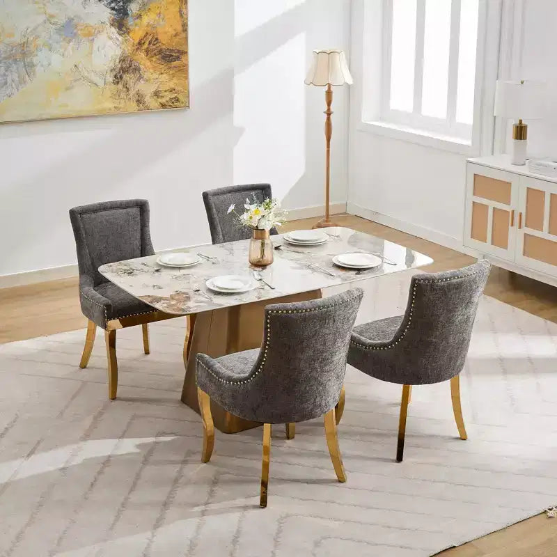Okak Chaises de salle à manger modernes en chenille, lot de 2, chaises confortables en tissu avec rembourrage épais, chaises d'appoint avec pieds plaqués or et garniture de rivets