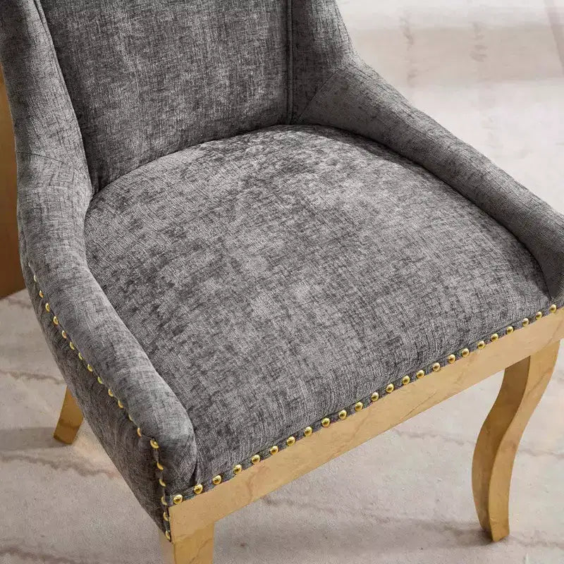 Okak Chaises de salle à manger modernes en chenille, lot de 2, chaises confortables en tissu avec rembourrage épais, chaises d'appoint avec pieds plaqués or et garniture de rivets