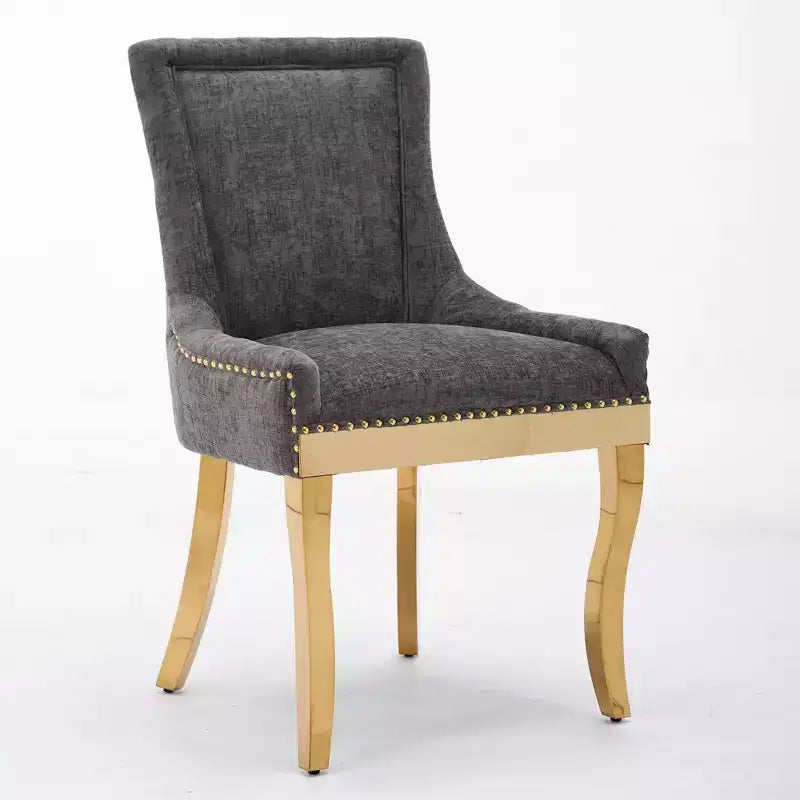 Okak Chaises de salle à manger modernes en chenille, lot de 2, chaises confortables en tissu avec rembourrage épais, chaises d'appoint avec pieds plaqués or et garniture de rivets