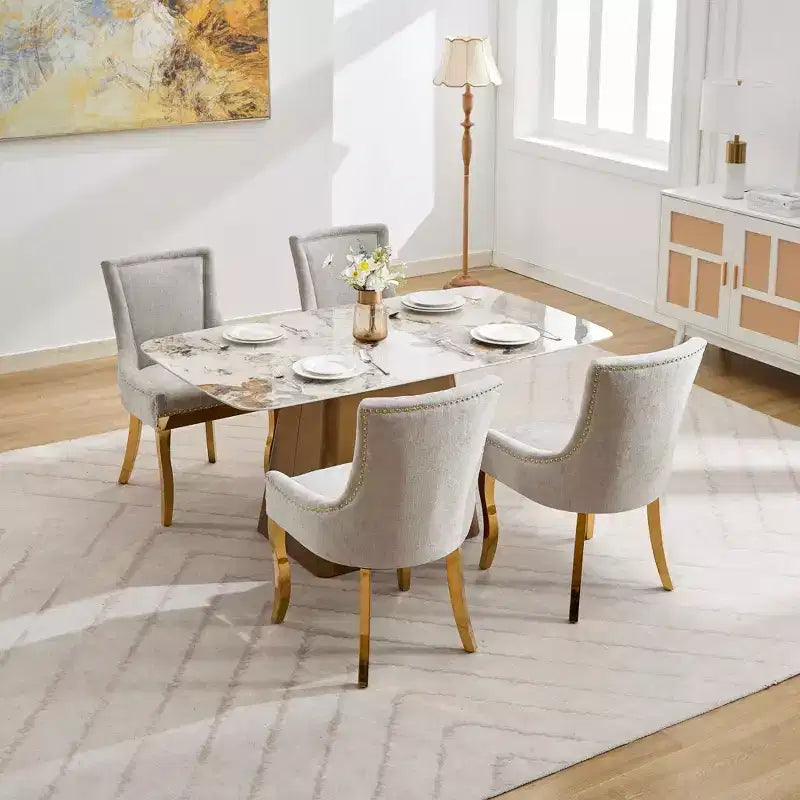 Okak Chaises de salle à manger modernes en chenille, lot de 2, chaises confortables en tissu avec rembourrage épais, chaises d'appoint avec pieds plaqués or et garniture de rivets