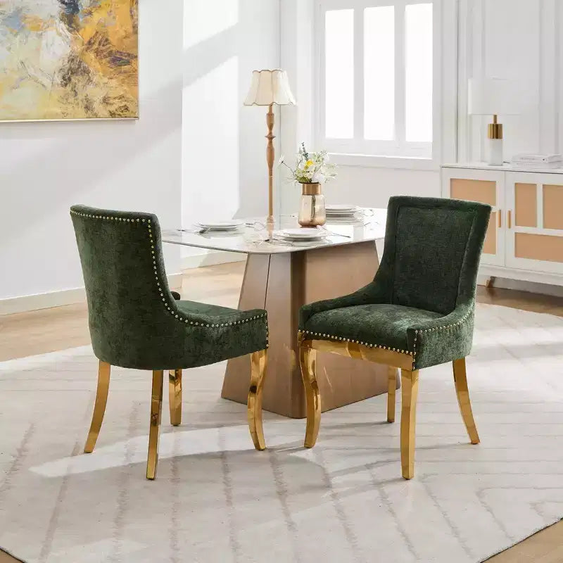Okak Chaises de salle à manger modernes en chenille, lot de 2, chaises confortables en tissu avec rembourrage épais, chaises d'appoint avec pieds plaqués or et garniture de rivets