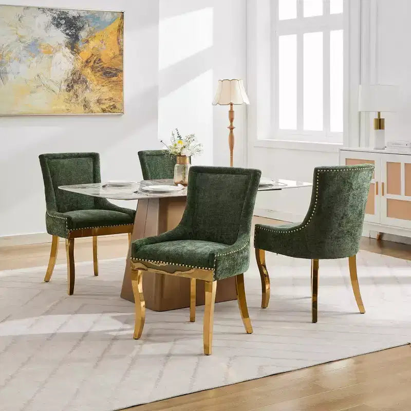Okak Chaises de salle à manger modernes en chenille, lot de 2, chaises confortables en tissu avec rembourrage épais, chaises d'appoint avec pieds plaqués or et garniture de rivets