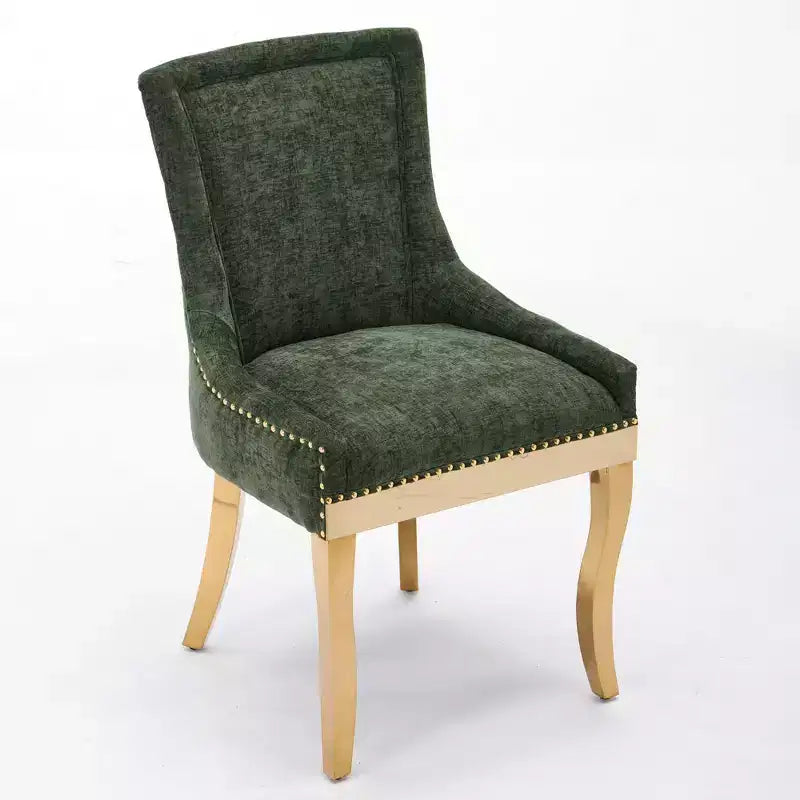 Okak Chaises de salle à manger modernes en chenille, lot de 2, chaises confortables en tissu avec rembourrage épais, chaises d'appoint avec pieds plaqués or et garniture de rivets
