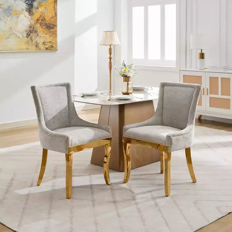 Okak Chaises de salle à manger modernes en chenille, lot de 2, chaises confortables en tissu avec rembourrage épais, chaises d'appoint avec pieds plaqués or et garniture de rivets