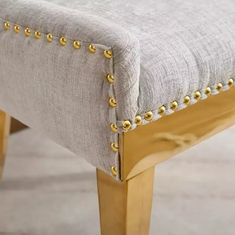 Okak Chaises de salle à manger modernes en chenille, lot de 2, chaises confortables en tissu avec rembourrage épais, chaises d'appoint avec pieds plaqués or et garniture de rivets