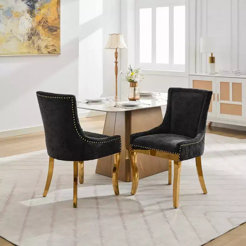 Okak Chaises de salle à manger modernes en chenille, lot de 2, chaises confortables en tissu avec rembourrage épais, chaises d'appoint avec pieds plaqués or et garniture de rivets