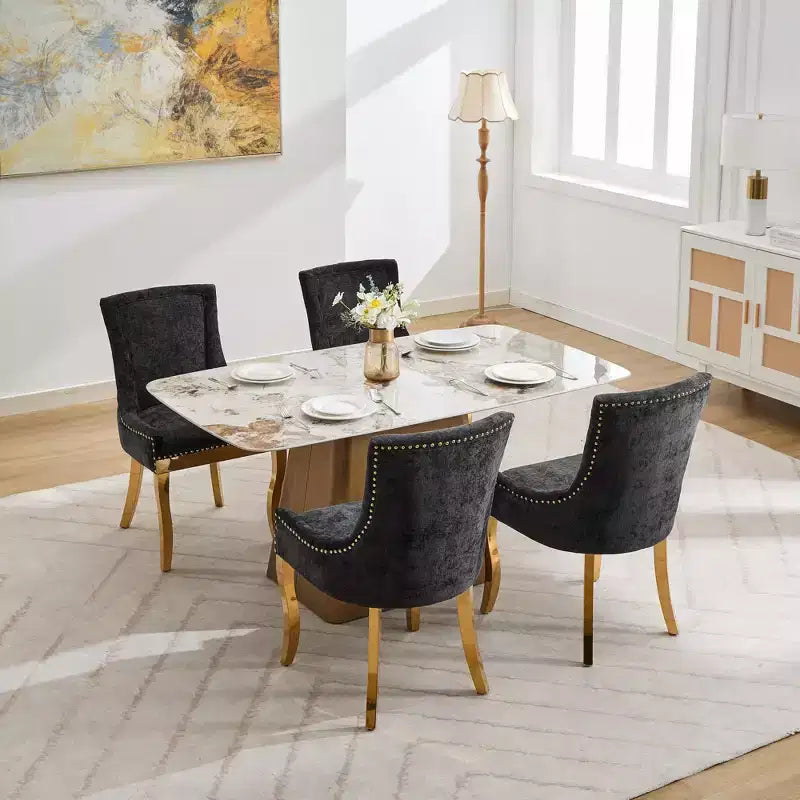 Okak Chaises de salle à manger modernes en chenille, lot de 2, chaises confortables en tissu avec rembourrage épais, chaises d'appoint avec pieds plaqués or et garniture de rivets