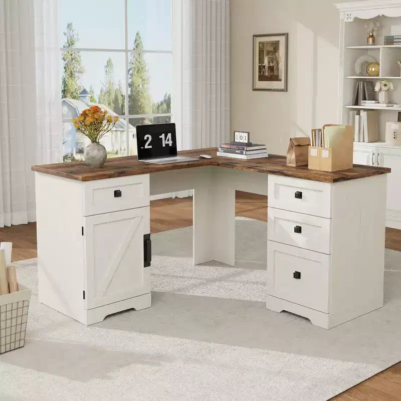 Bureau de direction en L Farmhouse 60, avec tiroirs de classement et meuble de rangement, bureau d'angle pour ordinateur avec meuble de rangement latéral réglable