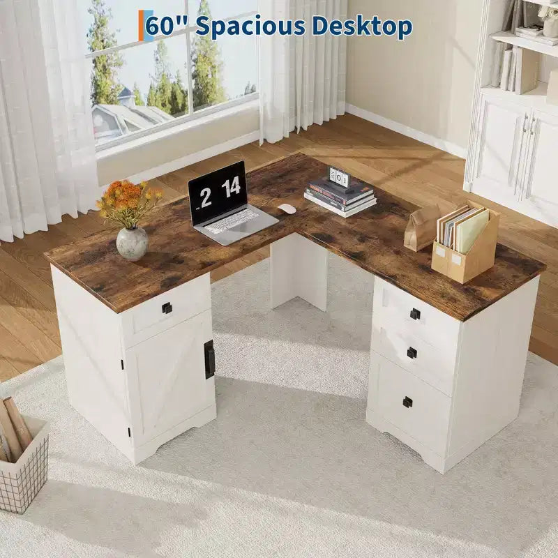 Bureau de direction en L Farmhouse 60, avec tiroirs de classement et meuble de rangement, bureau d'angle pour ordinateur avec meuble de rangement latéral réglable