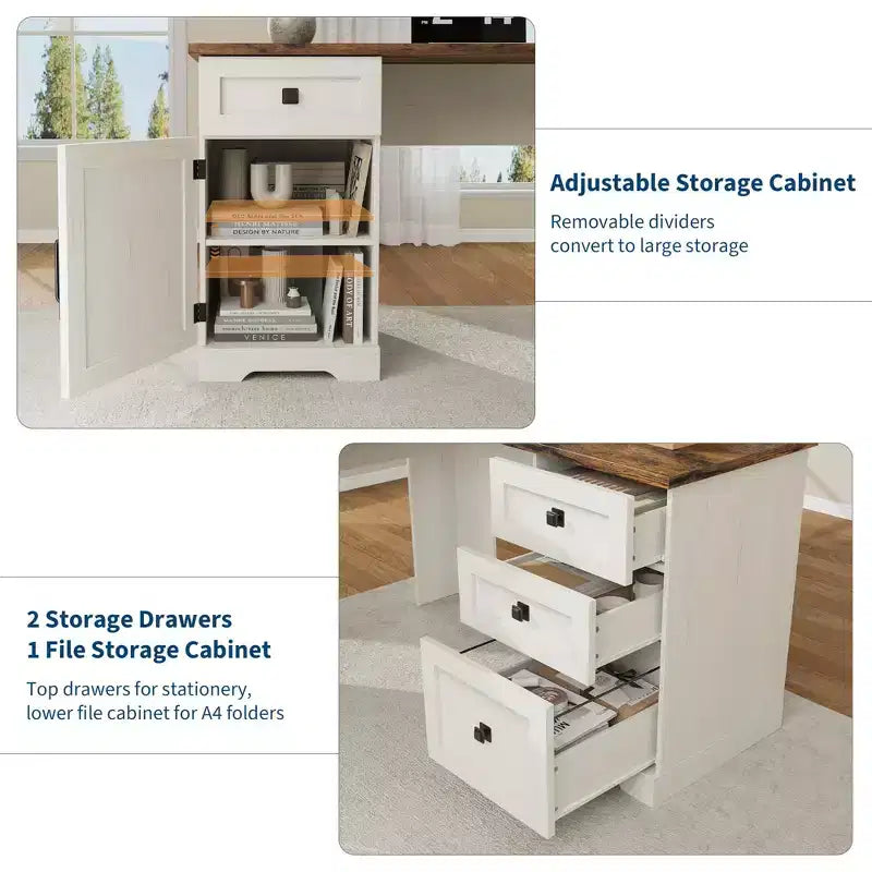 Bureau de direction en L Farmhouse 60, avec tiroirs de classement et meuble de rangement, bureau d'angle pour ordinateur avec meuble de rangement latéral réglable
