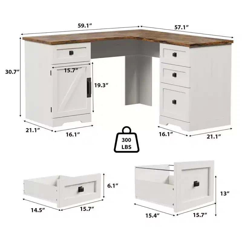 Bureau de direction en L Farmhouse 60, avec tiroirs de classement et meuble de rangement, bureau d'angle pour ordinateur avec meuble de rangement latéral réglable