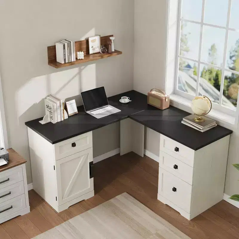 Bureau de direction en L Farmhouse 60, avec tiroirs de classement et meuble de rangement, bureau d'angle pour ordinateur avec meuble de rangement latéral réglable