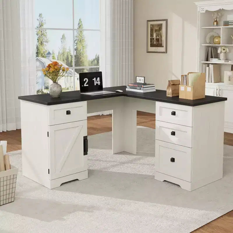 Bureau de direction en L Farmhouse 60, avec tiroirs de classement et meuble de rangement, bureau d'angle pour ordinateur avec meuble de rangement latéral réglable