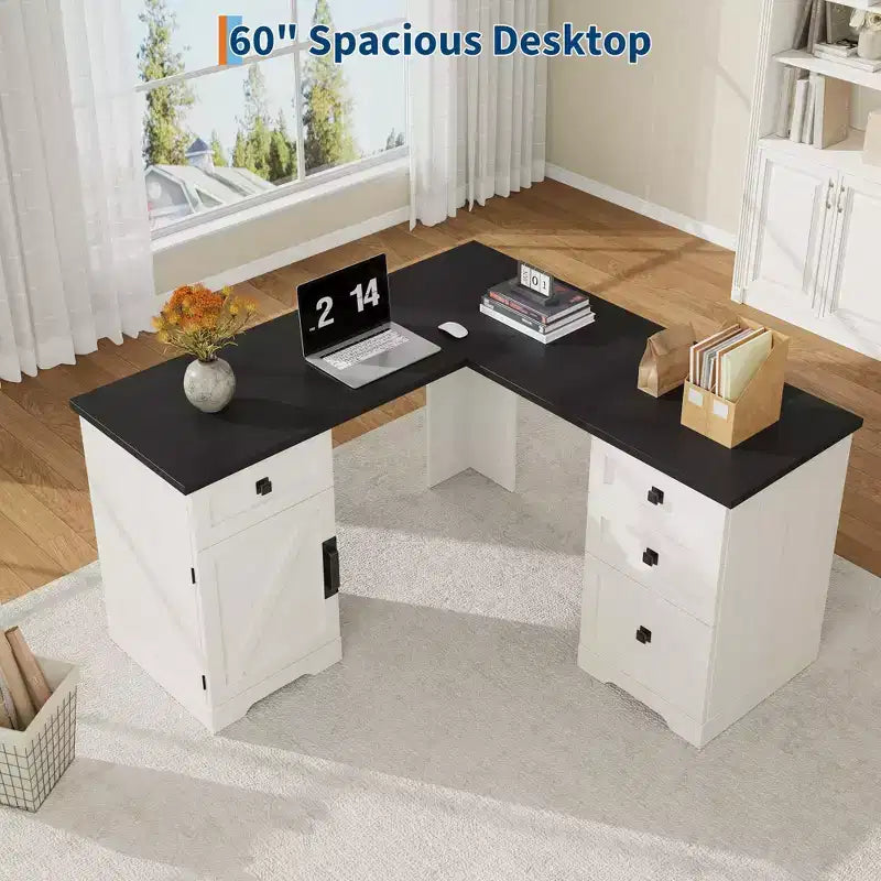 Bureau de direction en L Farmhouse 60, avec tiroirs de classement et meuble de rangement, bureau d'angle pour ordinateur avec meuble de rangement latéral réglable