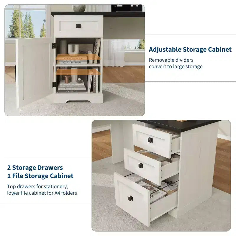 Bureau de direction en L Farmhouse 60, avec tiroirs de classement et meuble de rangement, bureau d'angle pour ordinateur avec meuble de rangement latéral réglable