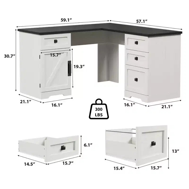 Bureau de direction en L Farmhouse 60, avec tiroirs de classement et meuble de rangement, bureau d'angle pour ordinateur avec meuble de rangement latéral réglable