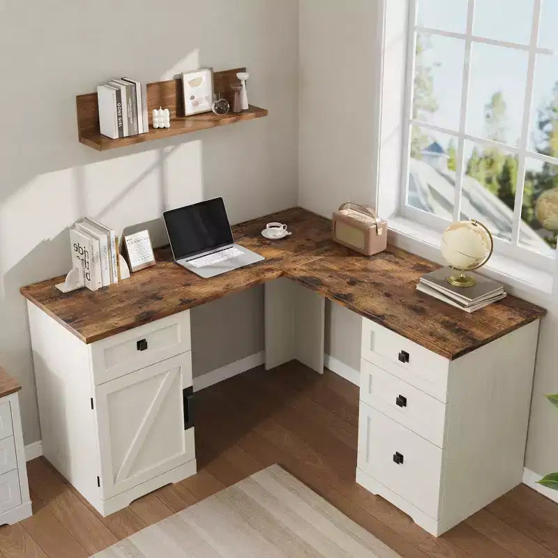 Bureau de direction en L Farmhouse 60, avec tiroirs de classement et meuble de rangement, bureau d'angle pour ordinateur avec meuble de rangement latéral réglable
