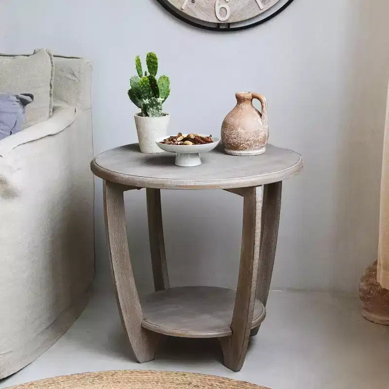 COZAYH Rustic Farmhouse Wooden End Table, Round Accent Furniture for Home Living Rooms with Storage Shelf, Vintage Grey Finish