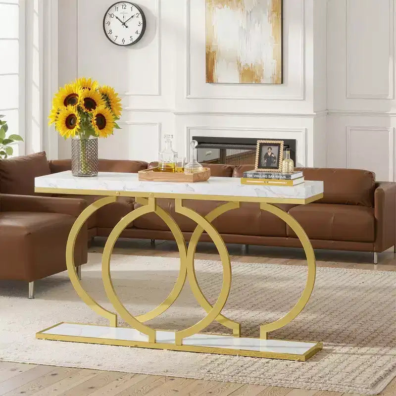 MAYEERTY 55.1 Gold Console Table, Faux Marble Veneer Geometric O-Shaped Base Entryway Table