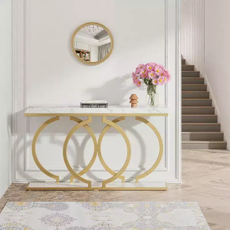 MAYEERTY 55.1 Table console dorée, table d'entrée en placage de faux marbre avec base géométrique en forme de O